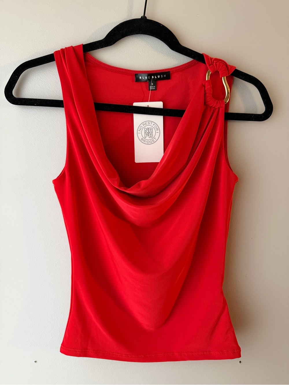 NWT Blue Blush Red Drape Neck Tank with Gold Ring Accent